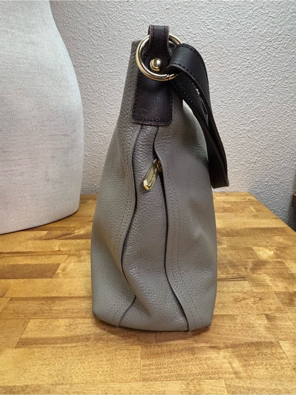 Valentina Gray Pebbled Leather Shoulder Bag with Black Strap - Picture 10 of 15